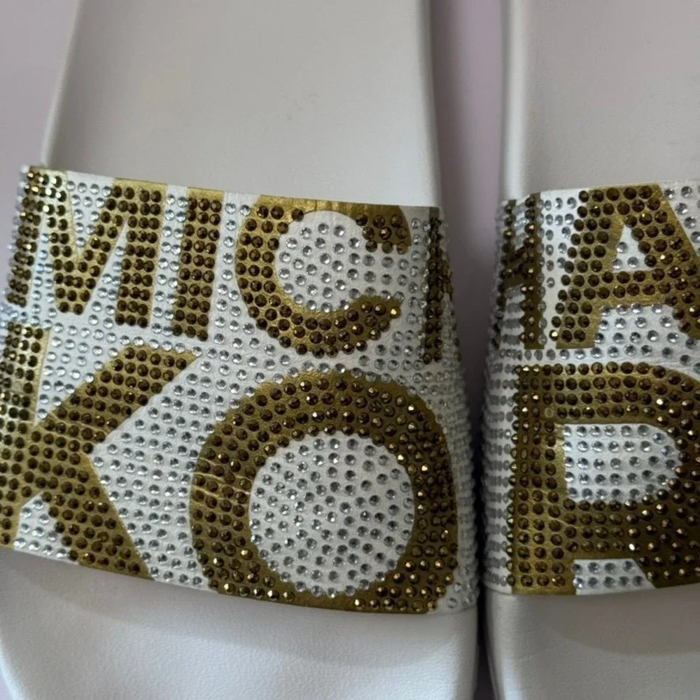 Michael Kors Womens Slides Sandals White Gold Rhinestone Logo Pool Slippers 8M